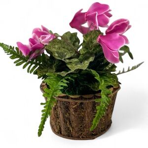 Faux Floral Flowering Cyclamen Arrangement in Rustic Wood Basket